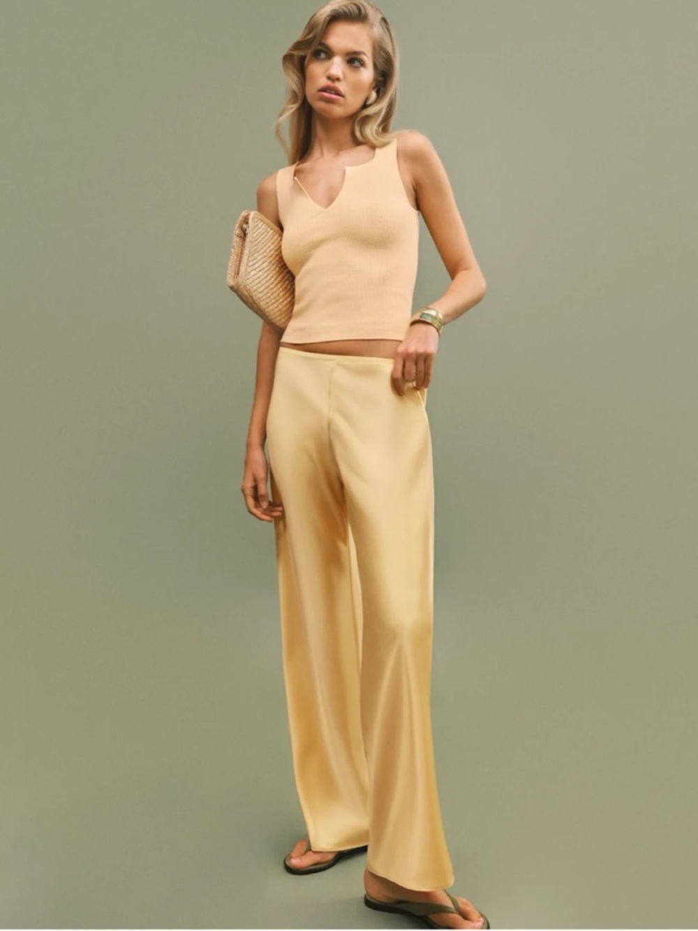 Reformation Gale Satin Mid Rize Pants in Sunshine